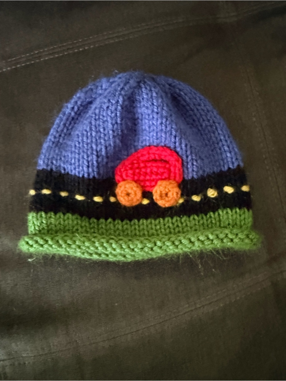 Kids Knit Beanie with Red Car Accent - Blue, Green & Black